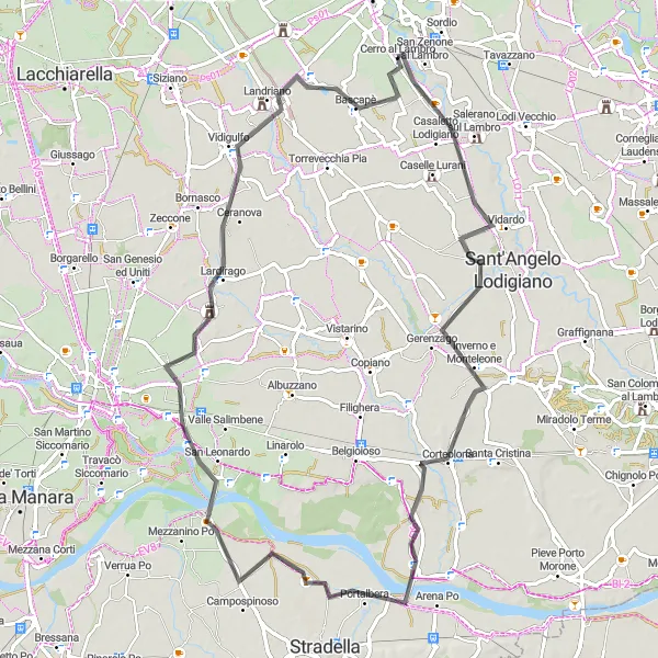 Mapa miniatúra "Cyklotrasa z Cerro al Lambro do San Zenone al Lambro" cyklistická inšpirácia v Lombardia, Italy. Vygenerované cyklistickým plánovačom trás Tarmacs.app