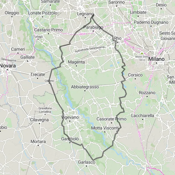 Miniaturní mapa "Okruh přes Nerviano a Gambolò" inspirace pro cyklisty v oblasti Lombardia, Italy. Vytvořeno pomocí plánovače tras Tarmacs.app