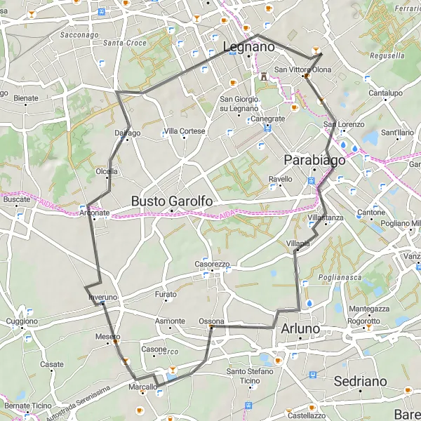 Miniature de la carte de l'inspiration cycliste "La boucle de Parabiago et Inveruno" dans la Lombardia, Italy. Générée par le planificateur d'itinéraire cycliste Tarmacs.app
