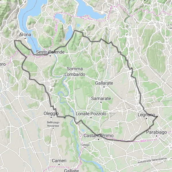 Miniatua del mapa de inspiración ciclista "Ruta de ciclismo de carretera desde Cerro Maggiore" en Lombardia, Italy. Generado por Tarmacs.app planificador de rutas ciclistas