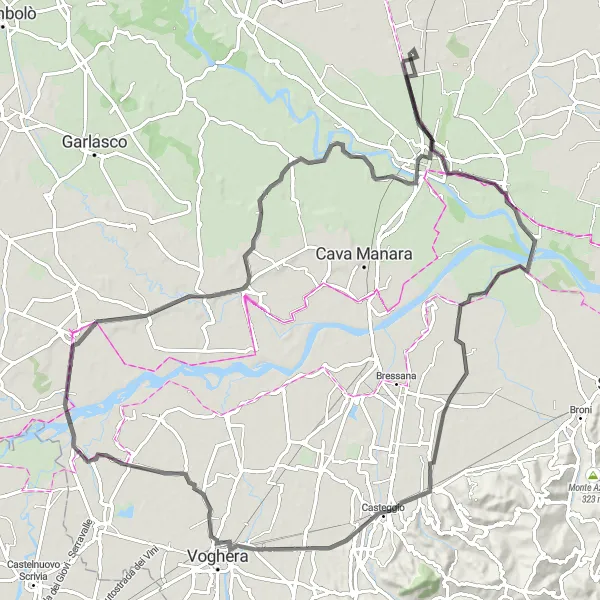 Miniatua del mapa de inspiración ciclista "Ruta en carretera a través de Verrua Po y Monastero di San Felice" en Lombardia, Italy. Generado por Tarmacs.app planificador de rutas ciclistas