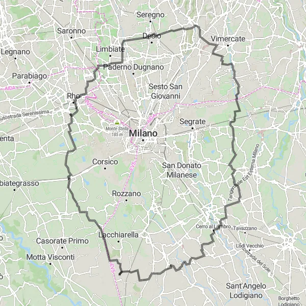 Miniatura della mappa di ispirazione al ciclismo "Tour in bicicletta da Certosa di Pavia a Ceregallo" nella regione di Lombardia, Italy. Generata da Tarmacs.app, pianificatore di rotte ciclistiche