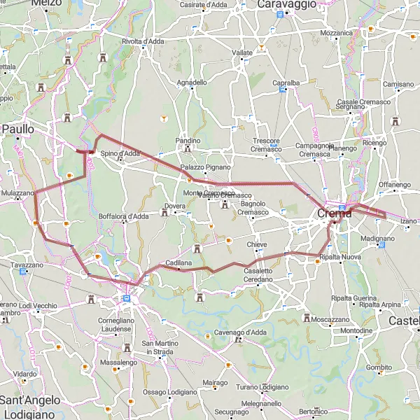 Miniatura della mappa di ispirazione al ciclismo "Giro in Gravell da Cervignano d'Adda ad Arcagna" nella regione di Lombardia, Italy. Generata da Tarmacs.app, pianificatore di rotte ciclistiche