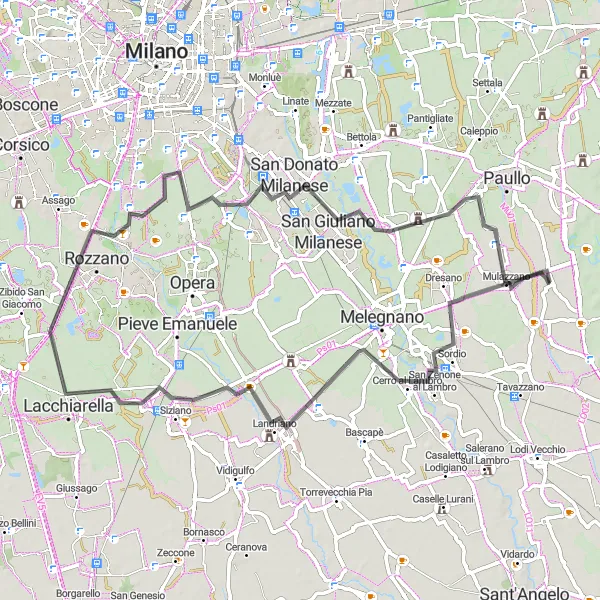 Map miniature of "Mulazzano – San Donato Milanese Loop" cycling inspiration in Lombardia, Italy. Generated by Tarmacs.app cycling route planner