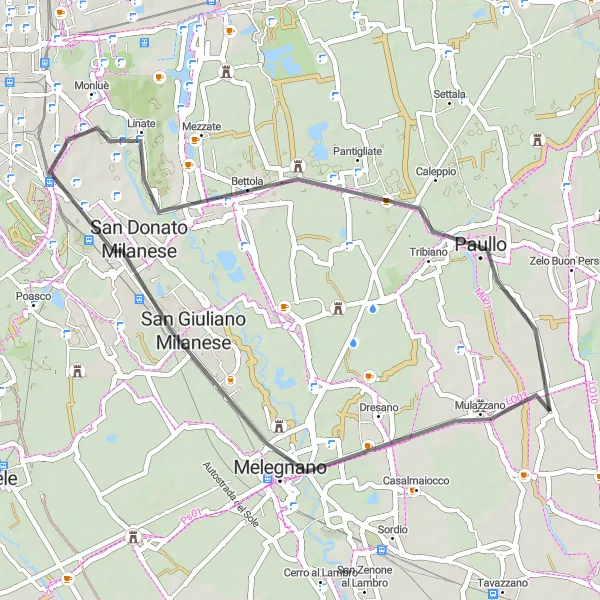 Miniatua del mapa de inspiración ciclista "Ruta de Carretera de Cervignano d'Adda a San Giuliano Milanese" en Lombardia, Italy. Generado por Tarmacs.app planificador de rutas ciclistas
