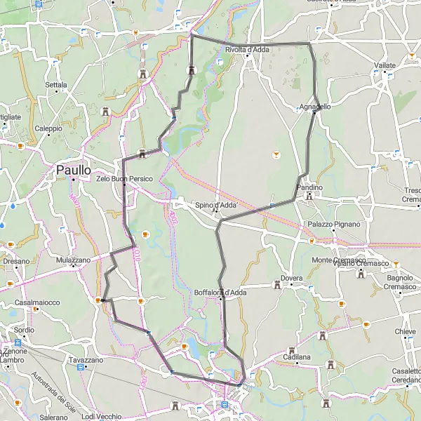 Zemljevid v pomanjšavi "Road Cycling to Arcagna from Cervignano d'Adda" kolesarske inspiracije v Lombardia, Italy. Generirano z načrtovalcem kolesarskih poti Tarmacs.app