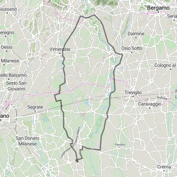 Miniaturní mapa "Vysoce náročná silniční trasa kolem Cervignano d'Adda" inspirace pro cyklisty v oblasti Lombardia, Italy. Vytvořeno pomocí plánovače tras Tarmacs.app
