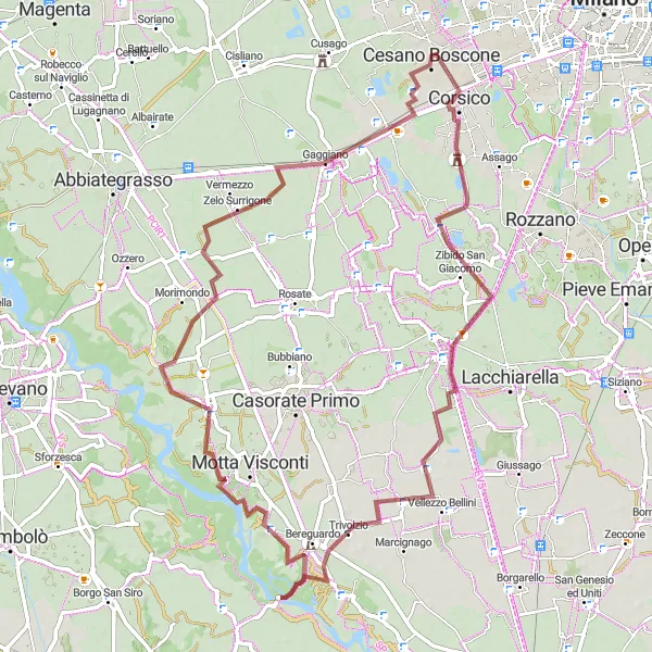 Mapa miniatúra "Gravel trasa okolo Cesano Boscone" cyklistická inšpirácia v Lombardia, Italy. Vygenerované cyklistickým plánovačom trás Tarmacs.app