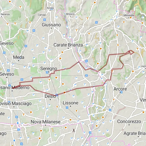 Kartminiatyr av "Grusväg till Lesmo och Seregno" cykelinspiration i Lombardia, Italy. Genererad av Tarmacs.app cykelruttplanerare