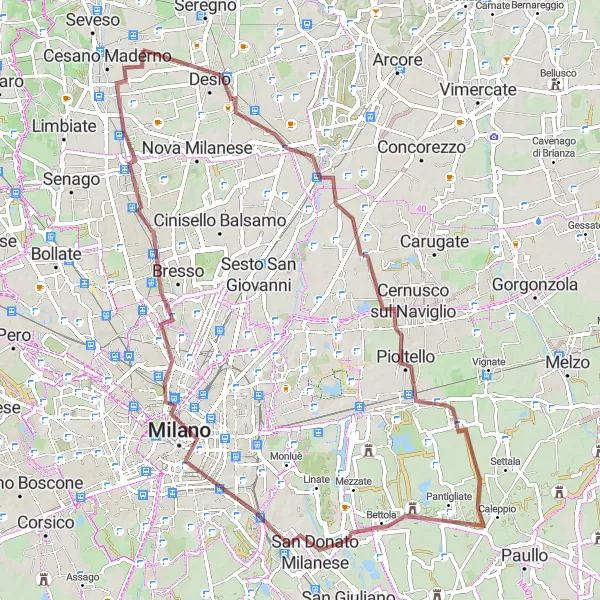 Zemljevid v pomanjšavi "Gravel Adventure to Monza and Milan" kolesarske inspiracije v Lombardia, Italy. Generirano z načrtovalcem kolesarskih poti Tarmacs.app