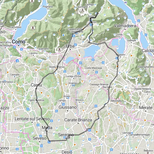Miniaturní mapa "Silniční okruh přes Cantù a Triuggio" inspirace pro cyklisty v oblasti Lombardia, Italy. Vytvořeno pomocí plánovače tras Tarmacs.app