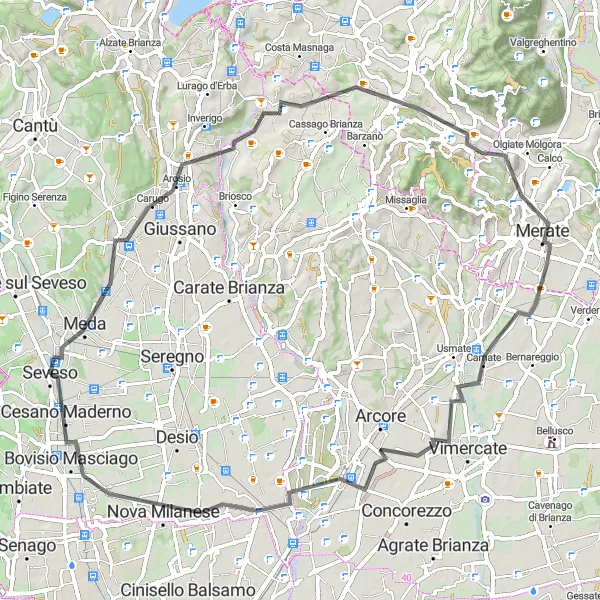 Miniaturní mapa "Cyklo trasa přes Mariano Comense a Seveso" inspirace pro cyklisty v oblasti Lombardia, Italy. Vytvořeno pomocí plánovače tras Tarmacs.app