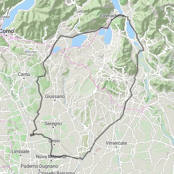 Zemljevid v pomanjšavi "Cesano Maderno - road cycling route" kolesarske inspiracije v Lombardia, Italy. Generirano z načrtovalcem kolesarskih poti Tarmacs.app