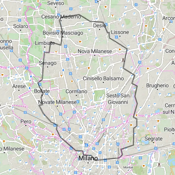 Kartminiatyr av "Vägcykling till Milan och Branca Tower" cykelinspiration i Lombardia, Italy. Genererad av Tarmacs.app cykelruttplanerare