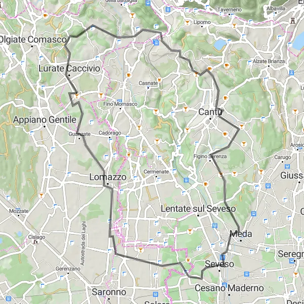 Miniature de la carte de l'inspiration cycliste "L'aventure de Bulgarograsso" dans la Lombardia, Italy. Générée par le planificateur d'itinéraire cycliste Tarmacs.app