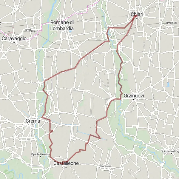 Mapa miniatúra "Gravel Cyklotrasa cez Castelleone" cyklistická inšpirácia v Lombardia, Italy. Vygenerované cyklistickým plánovačom trás Tarmacs.app