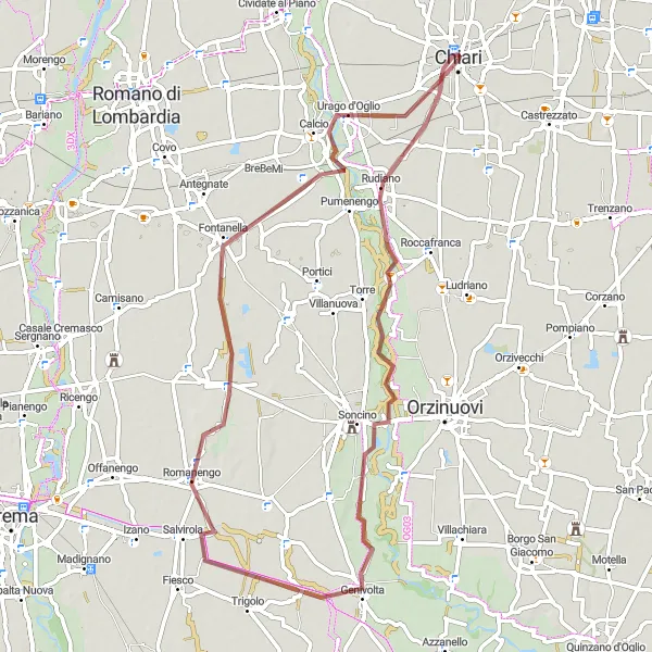 Miniaturní mapa "Gravelová trasa k Soncinu a Fontanelle" inspirace pro cyklisty v oblasti Lombardia, Italy. Vytvořeno pomocí plánovače tras Tarmacs.app