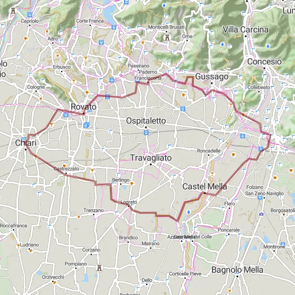 Mapa miniatúra "Trasa Rovato - Rodengo Saiano - Colle Barbisone - Colle Cidneo - Castel Mella - Maclodio - Chiari" cyklistická inšpirácia v Lombardia, Italy. Vygenerované cyklistickým plánovačom trás Tarmacs.app