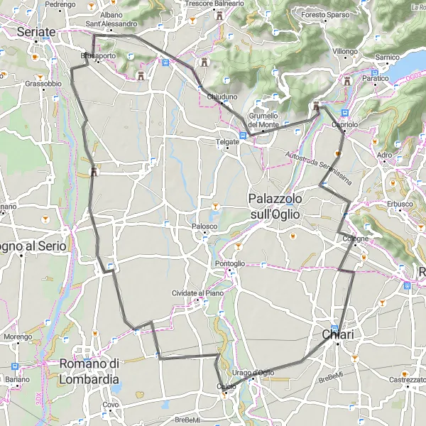Miniatua del mapa de inspiración ciclista "Ruta de ciclismo de ida y vuelta desde Chiari a Monte San Giorgio" en Lombardia, Italy. Generado por Tarmacs.app planificador de rutas ciclistas