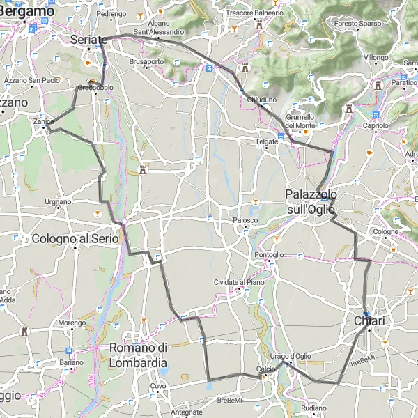 Miniatura della mappa di ispirazione al ciclismo "Giro in bici attraverso Martinengo e Albano Sant'Alessandro" nella regione di Lombardia, Italy. Generata da Tarmacs.app, pianificatore di rotte ciclistiche