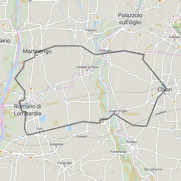 Miniatua del mapa de inspiración ciclista "Ruta de ciclismo de ida y vuelta desde Chiari a Pontoglio" en Lombardia, Italy. Generado por Tarmacs.app planificador de rutas ciclistas
