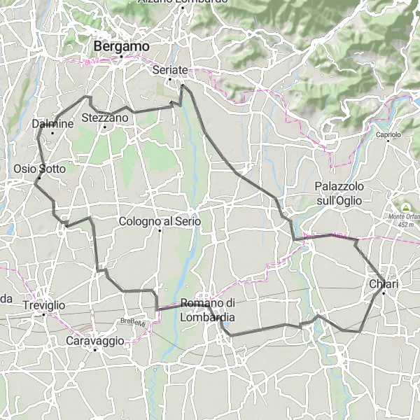 Miniaturní mapa "Cyklotrasa okolo Chiari - Boltiere, Grassobbio, Pontoglio" inspirace pro cyklisty v oblasti Lombardia, Italy. Vytvořeno pomocí plánovače tras Tarmacs.app