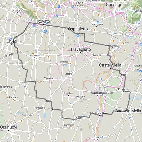 Miniatura della mappa di ispirazione al ciclismo "Cicloturismo tra Poncarale, Dello e Chiari" nella regione di Lombardia, Italy. Generata da Tarmacs.app, pianificatore di rotte ciclistiche