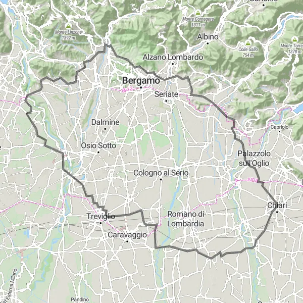 Miniatura della mappa di ispirazione al ciclismo "Tour in bicicletta da Chiari a Torre del Popolo" nella regione di Lombardia, Italy. Generata da Tarmacs.app, pianificatore di rotte ciclistiche