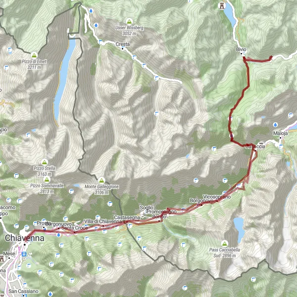 Miniature de la carte de l'inspiration cycliste "Parcours gravel à travers la région de Chiavenna" dans la Lombardia, Italy. Générée par le planificateur d'itinéraire cycliste Tarmacs.app
