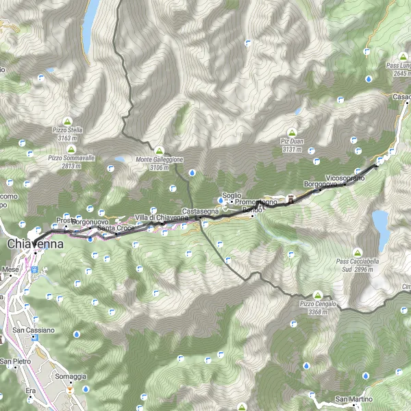 Zemljevid v pomanjšavi "Kolesarska pot Chiavenna - Belvedere" kolesarske inspiracije v Lombardia, Italy. Generirano z načrtovalcem kolesarskih poti Tarmacs.app