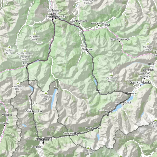 Kartminiatyr av "Chiavenna til Julierpass og tilbake" sykkelinspirasjon i Lombardia, Italy. Generert av Tarmacs.app sykkelrutoplanlegger