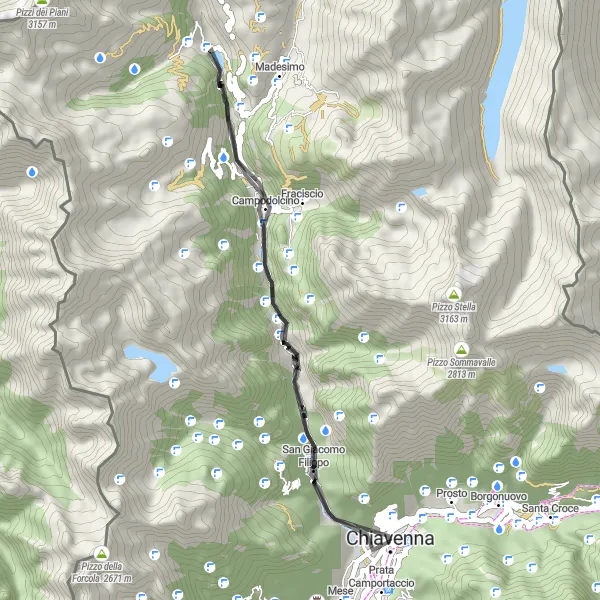 Miniatura mapy "Trasa z Chiavenna do Belvedere di Dalòo" - trasy rowerowej w Lombardia, Italy. Wygenerowane przez planer tras rowerowych Tarmacs.app