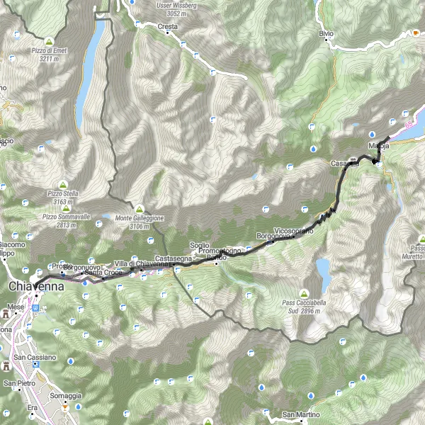 Miniaturní mapa "Road Route to Maloja Pass" inspirace pro cyklisty v oblasti Lombardia, Italy. Vytvořeno pomocí plánovače tras Tarmacs.app