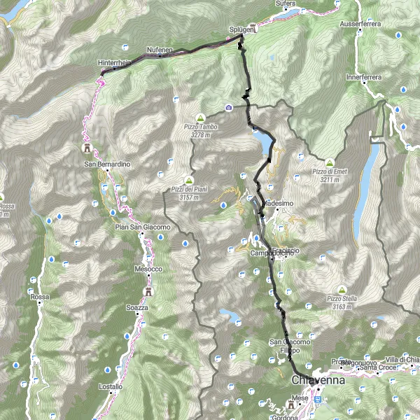 Karttaminiaatyyri "Chiavenna - Monte del Cardinello round-trip" pyöräilyinspiraatiosta alueella Lombardia, Italy. Luotu Tarmacs.app pyöräilyreittisuunnittelijalla