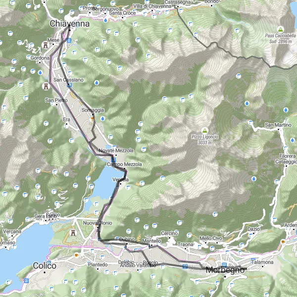 Miniature de la carte de l'inspiration cycliste "Circuit de vélo de route autour de Chiavenna" dans la Lombardia, Italy. Générée par le planificateur d'itinéraire cycliste Tarmacs.app