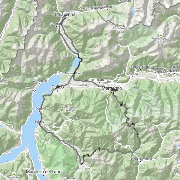 Map miniature of "Chiavenna to Pizzo d'Orta Challenge" cycling inspiration in Lombardia, Italy. Generated by Tarmacs.app cycling route planner