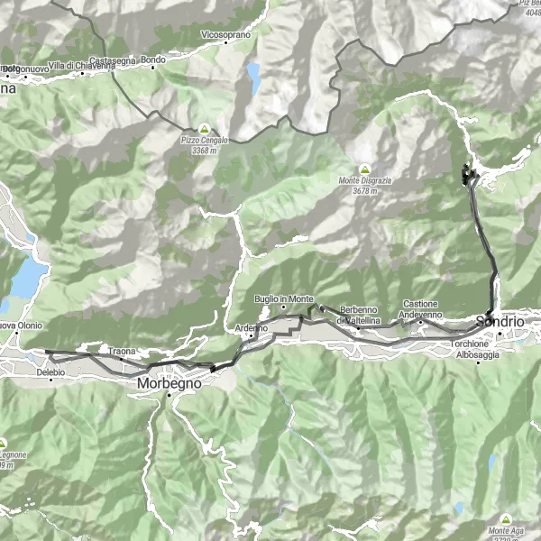 Miniature de la carte de l'inspiration cycliste "Le Circuit des Vallées de la Valteline" dans la Lombardia, Italy. Générée par le planificateur d'itinéraire cycliste Tarmacs.app