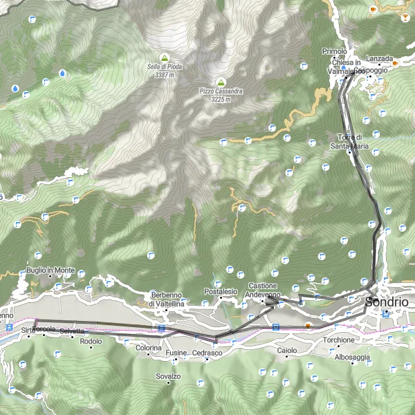 Miniatua del mapa de inspiración ciclista "Ruta de ciclismo de carretera hacia Caspoggio desde Chiesa in Valmalenco" en Lombardia, Italy. Generado por Tarmacs.app planificador de rutas ciclistas