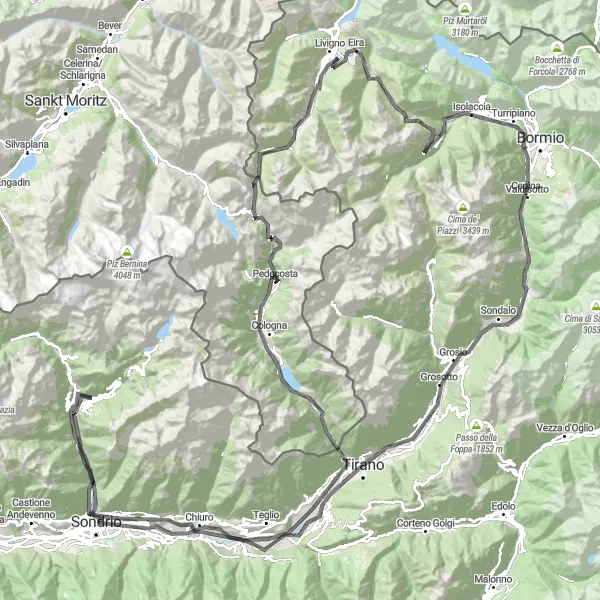 Miniatua del mapa de inspiración ciclista "Desafío extremo: Ruta de ciclismo de carretera a Livigno desde Chiesa in Valmalenco" en Lombardia, Italy. Generado por Tarmacs.app planificador de rutas ciclistas