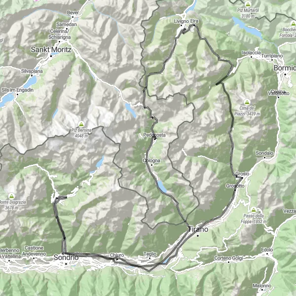 Miniatua del mapa de inspiración ciclista "Ruta de Ciclismo de Carretera Chiesa - Livigno - Ponte in Valtellina - Chiesa" en Lombardia, Italy. Generado por Tarmacs.app planificador de rutas ciclistas