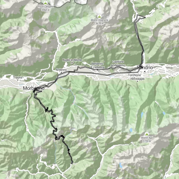 Zemljevid v pomanjšavi "Valmalenco Mountain Challenge Road Cycling Route" kolesarske inspiracije v Lombardia, Italy. Generirano z načrtovalcem kolesarskih poti Tarmacs.app