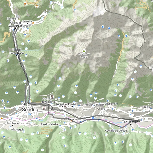 Mapa miniatúra "Krátka trasa cez Poggiridenti" cyklistická inšpirácia v Lombardia, Italy. Vygenerované cyklistickým plánovačom trás Tarmacs.app