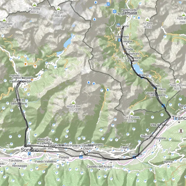 Miniature de la carte de l'inspiration cycliste "Villa di Tirano & Poschiavo Loop" dans la Lombardia, Italy. Générée par le planificateur d'itinéraire cycliste Tarmacs.app