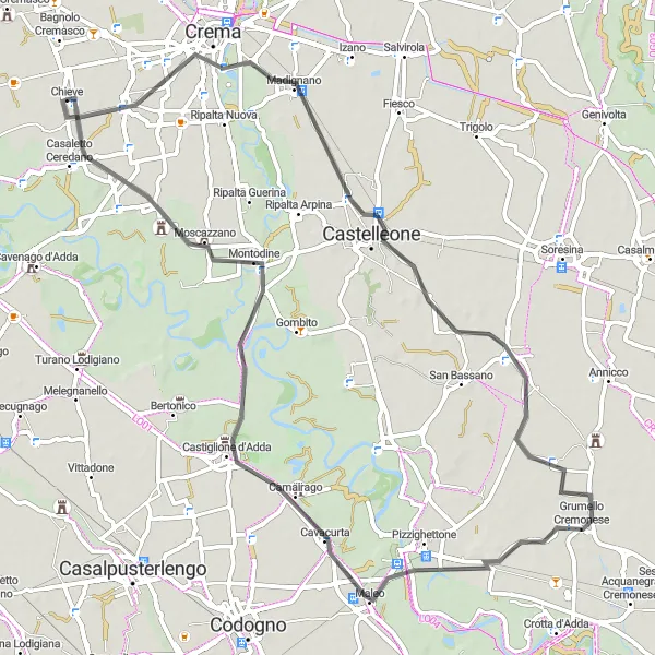 Map miniature of "Capergnanica to Casaletto Ceredano" cycling inspiration in Lombardia, Italy. Generated by Tarmacs.app cycling route planner