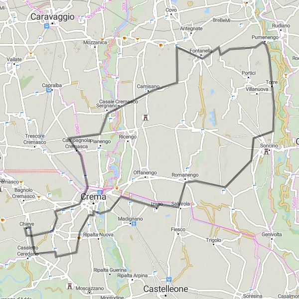 Miniatuurkaart van de fietsinspiratie "Route rondom Chieve - Capergnanica - Fontanella - Izano - Passarera" in Lombardia, Italy. Gemaakt door de Tarmacs.app fietsrouteplanner