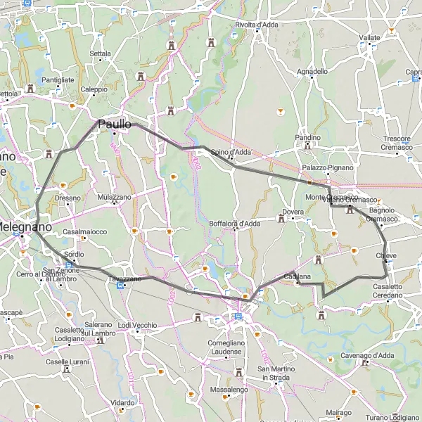 Miniatua del mapa de inspiración ciclista "Ruta de ciclismo de carretera Chieve-Lodi-Spino d’Adda-Bagnolo Cremasco" en Lombardia, Italy. Generado por Tarmacs.app planificador de rutas ciclistas