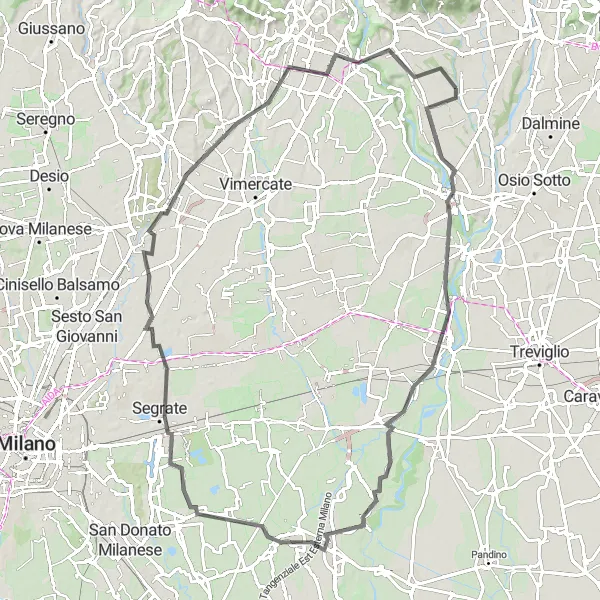 Miniatua del mapa de inspiración ciclista "Vuelta a Chignolo d'Isola pasando por Segrate y Monte Robbio" en Lombardia, Italy. Generado por Tarmacs.app planificador de rutas ciclistas