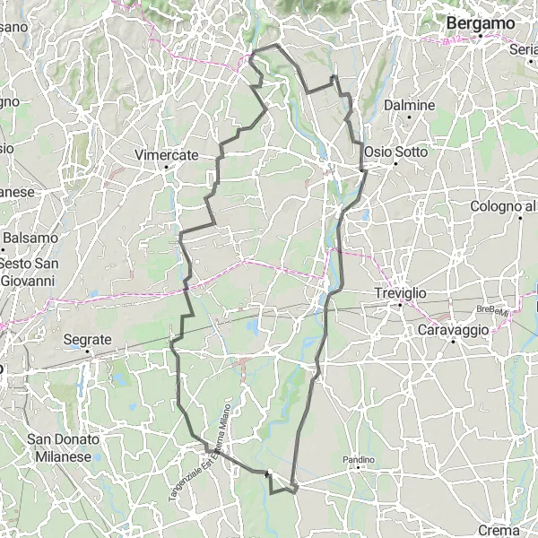 Zemljevid v pomanjšavi "Krožna kolesarska pot Chignolo d'Isola 95km" kolesarske inspiracije v Lombardia, Italy. Generirano z načrtovalcem kolesarskih poti Tarmacs.app