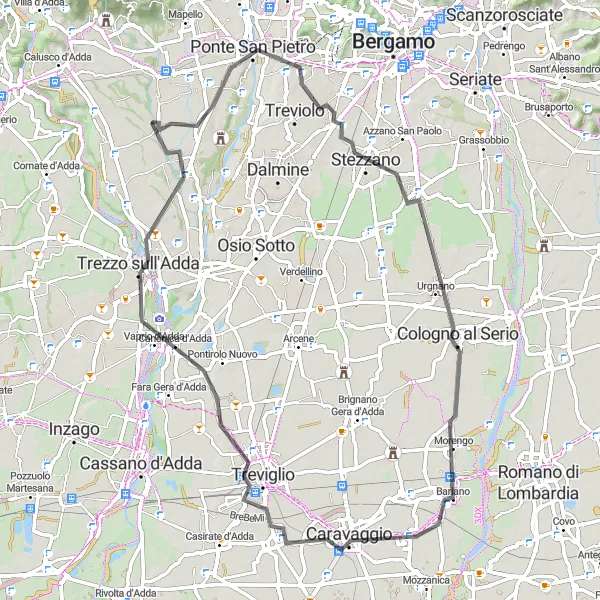 Mapa miniatúra "Road Adventure Through Lombardia" cyklistická inšpirácia v Lombardia, Italy. Vygenerované cyklistickým plánovačom trás Tarmacs.app