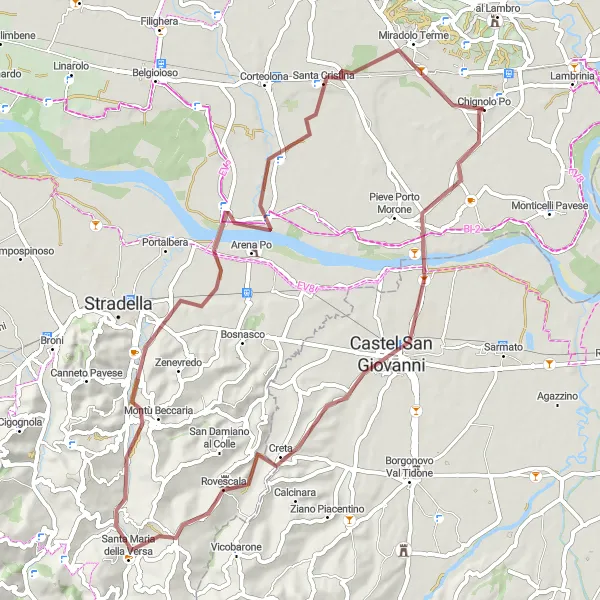 Miniatua del mapa de inspiración ciclista "Ruta Gravel a través de Castel San Giovanni y Miradolo Terme" en Lombardia, Italy. Generado por Tarmacs.app planificador de rutas ciclistas